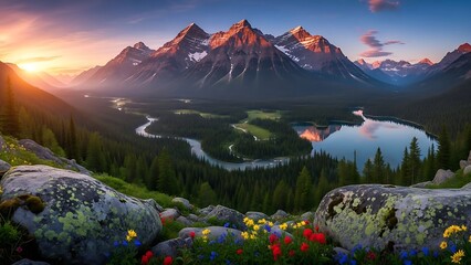 Majestic mountain range with a serene lake and forest, bathed in golden sunset light.
