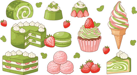 Large set of delicious matcha green tea and strawberry desserts including cakes ice cream macarons cupcakes and rolls for bakery menu and pastry shop cafe