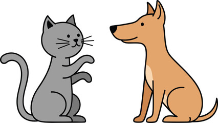 Cute cartoon cat and dog sitting together, playful pet illustration, animal friendship concept, simple bold style, flat vector illustration