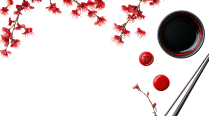 Elegant Japanese brush calligraphy with red seal and plum blossom on transparent background