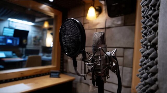 Professional studio microphone with a pop filter stands on a stand in a soundproof room against a background of blurred control room equipment