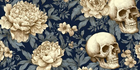 Floral pattern with skulls on a navy background