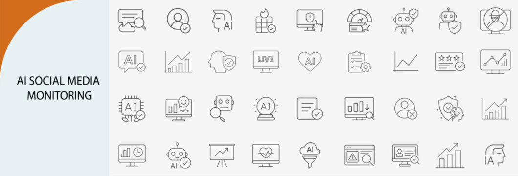 ai social media monitoring icon set with analytics and user tracking, minimal line vector design
