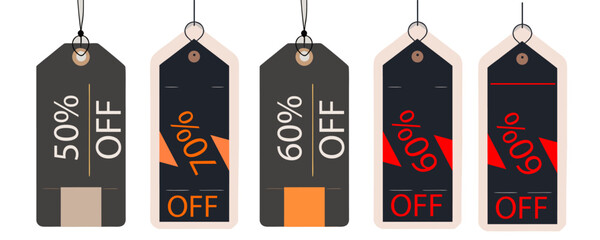 Row of black and white price tags showing various percentage discounts