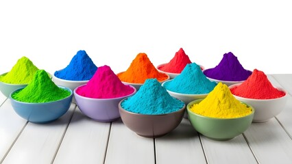 Vibrant holi powder colors in bowls on white wooden table