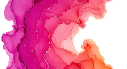 Obraz premium Dynamic abstract watercolor swirl of magenta and coral pink, textured with iridescent glitter specks, contrasting sharply against stark white copy space background. Concept of high-impact graphic