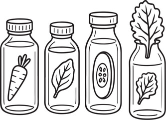 Cold Pressed Juice Bottles Black and White 3D Line Art Set.eps