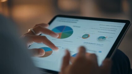 Close up of a business analyst reviewing financial charts on a digital tablet screen. Person interacting with a business intelligence dashboard for market research at night - Powered by Adobe