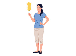 smiling woman stands holding feather duster, ready for cleaning or household chores
