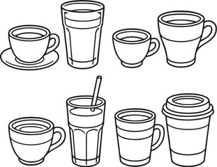 Milk Coffee Classics Black and White 3D Line Art Drink Set.eps
