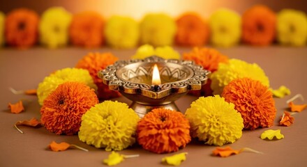 Traditional Indian Brass Diya with Marigold Flowers on Warm Background &mdash; Diwali Festival Greeting