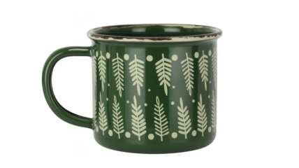 Dark green mug with white leaf pattern on black isolated on a transparent background