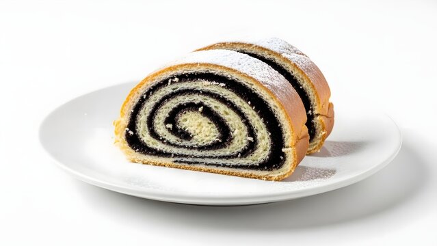 Two delectable slices of poppy seed roll, dusted with a delicate layer of powdered sugar, are presented on a pristine white plate, promising a moment of pure culinary delight.