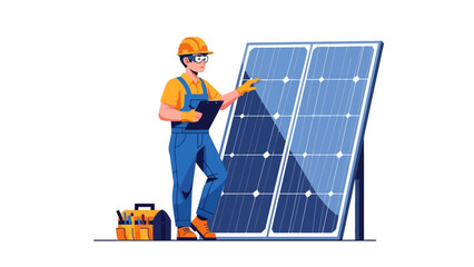 Technician inspecting solar panels with a clipboard and toolbox