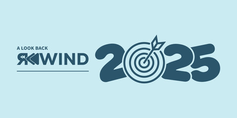 Modern &ldquo;A Look Back Rewind 2025&rdquo; typography in dark teal on light blue background, with stylized rewind icon and flowing year numbers, ideal for year-in-review videos, social media recaps, and present