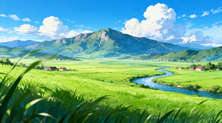 Serene Countryside Landscape with River and Mountains