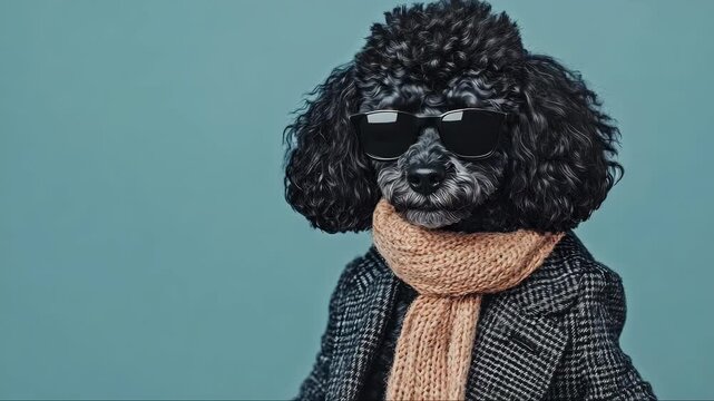 This  captures the essence of a fashion-forward dog, exuding confidence and style through its ensemble. The poodle sports an eye-catching scarf and pairs it with stylish sunglasses
