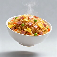 A delicious plate of fried rice with ham and vegetables