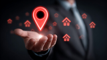 Glowing red location pin above open hand surrounded by red house icons image