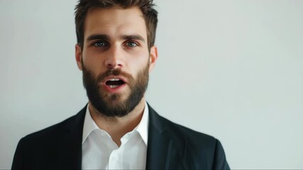 A young businessman posing for a professional . He is wearing a dark blazer and shirt with no tie. His expression is serious and he is looking directly at the camera.
