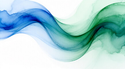 Abstract Blue and Green Ink Wash Waves on White Background