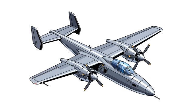 Twinengine propeller aircraft with a gray body and blue cockpit