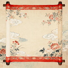 Traditional Chinese Scroll with Floral and Cloud Motifs