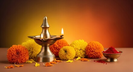 Hindu Festival Still Life with Brass Oil Lamp and Marigolds on Warm Color Background