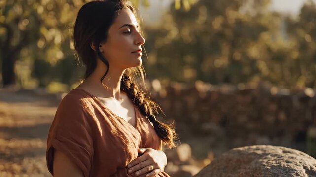 Pregnant Mary resting outdoors in nature with serene expression and braided hair. Woman enjoys moment of peace while connecting with surroundings. Concept of mindfulness and relaxation.