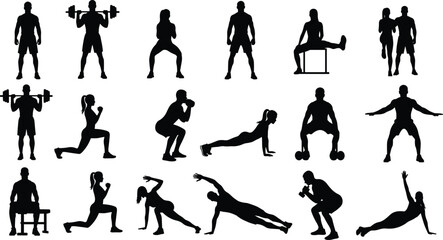 Set of Fitness Training and Workout Silhouettes Showing Strength Cardio and Exercise Poses Isolated on White Background Vector