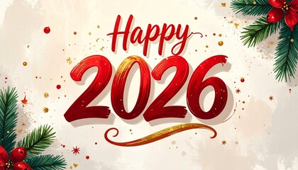 Happy New Year 2026 greeting card with festive red typography, gold glitter, and Christmas decorations like poinsettia and pine branches. Elegant holiday celebration banner illustration.