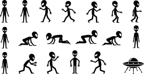 Alien character silhouette set showing walking crawling running poses and UFO spacecraft isolated on white background vector illustration