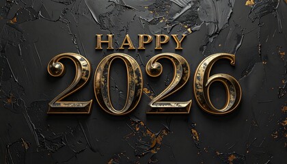 Happy 2026 New Year celebration greeting card. Elegant 3D golden text and numbers on a dark textured black background. Luxury festive banner or poster for the holiday season concept illustration.