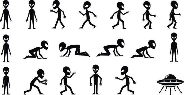 Alien character silhouette set showing walking crawling running poses and UFO spacecraft isolated on white background vector illustration