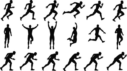 Set of Running and Jumping Athlete Silhouettes Showing Sprinting Movement and Dynamic Sports Poses Isolated on White Background Vector