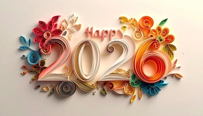 Happy 2026 greeting card concept created with colorful paper quilling technique. Intricate floral and swirl designs surround the 3D numbers, perfect for New Year celebrations and festive banners.