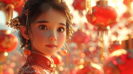 Festive Lunar Celebration Illustration with Warm Tones and Cultural Symbols