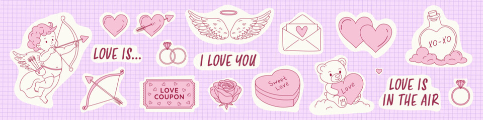 Vector love stickers set for Valentine's Day, creative print concept with hand-drawn doodle icons.Holiday romantic design elements,cute cupid,heart,wings,rings, bear toy, rose for web, graphic,digital