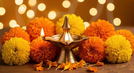 Festive Indian Brass Lamp and Marigold Flowers &mdash; Diwali Greeting Card Background