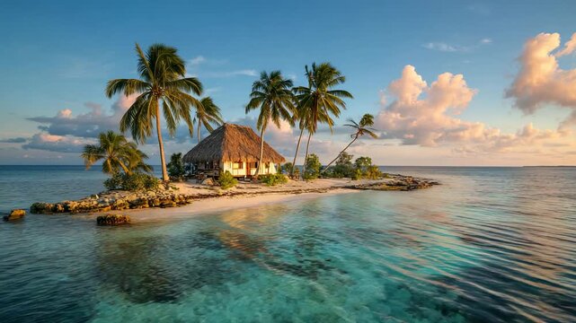 Tropical island with palm trees and thatched hut surrounded by turquoise ocean under sunset sky and clouds