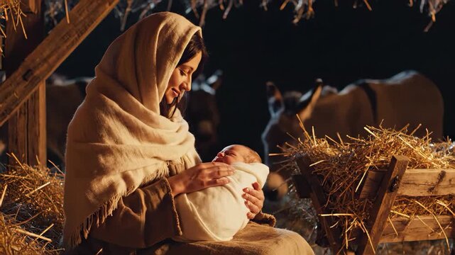 Mary cradles newborn baby jesus in stable, silent night in barn. Warm glow illuminates humble setting with hay, depicting sacred silent night in barn scene. Ideal for Christmas media.