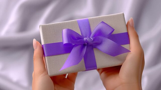 Hands hold a kraft paper gift box tied with a purple satin ribbon, gently tilting it toward the camera as soft fabric folds shift in the background under studio light.