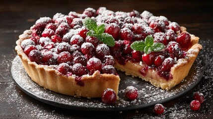 Homemade cranberry tart with powdered sugar and mint on rustic dark background, close-up of dessert