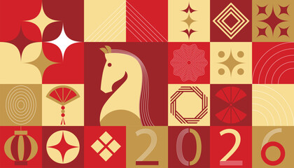 Chinese New Year Horse zodiac vector geometric pattern set. Red and gold lunar festival background with abstract symbols for greeting cards, posters, packaging, wallpaper and decorative design.
