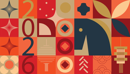 Chinese New Year Horse zodiac vector geometric pattern set. Red and gold lunar festival background with abstract symbols for greeting cards, posters, packaging, wallpaper and decorative design.