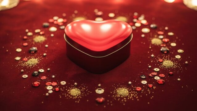 illuminated red heart-shaped box surrounded by glitter and confetti on a rich red velvet surface - Powered by Adobe