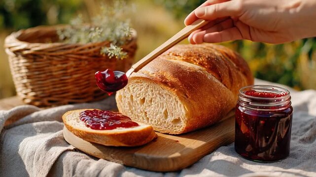 Rustic breakfast outdoors: a spoon lifts berry jam from a jar, moves to a sliced loaf, then spreads a glossy layer on bread on a wooden board as sunlight flickers on the tablecloth.
