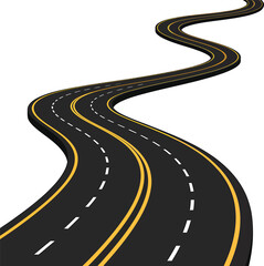 Perspective view of winding road asphalt street with yellow line illustration