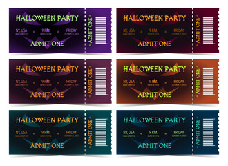 Set of Halloween party tickets template with character and event details
