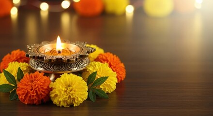 Elegant Indian Brass Diya with Marigold Flowers &mdash; Festive Diwali Background with Copy Space
